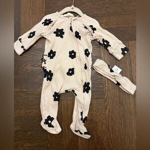 3-6M cream and black footie with matching headband